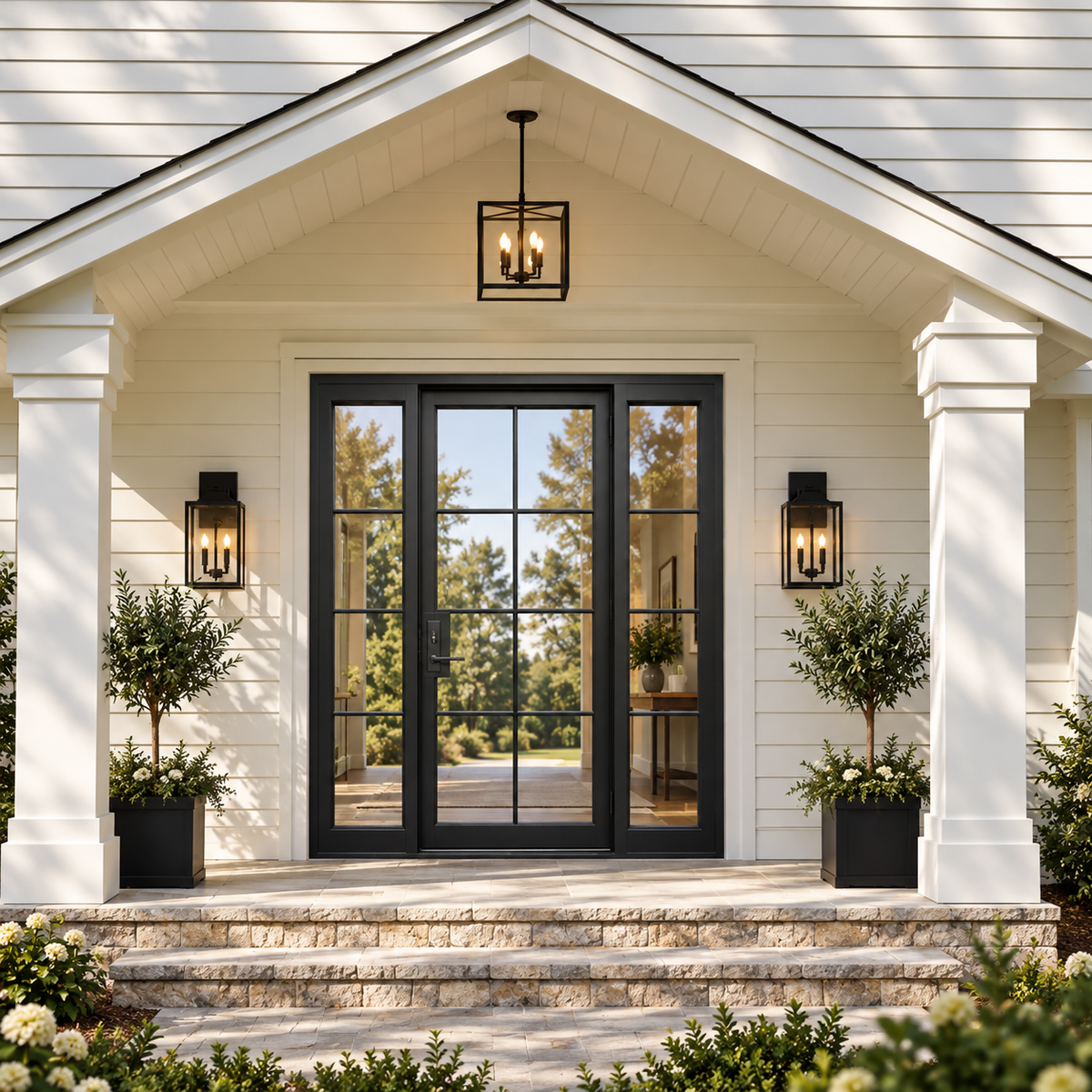 Eastmere single iron French door with two sidelights in a luxury farmhouse setting — design visualization