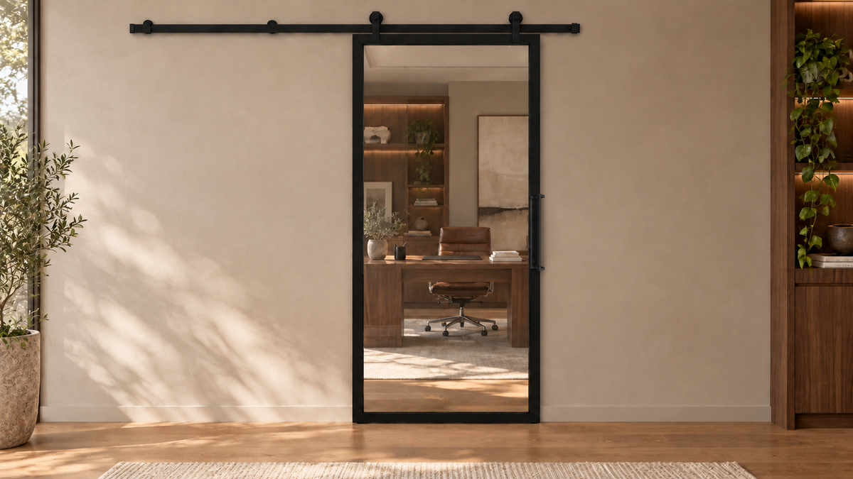 Full Lite interior steel barn door with included rectangular pull — office