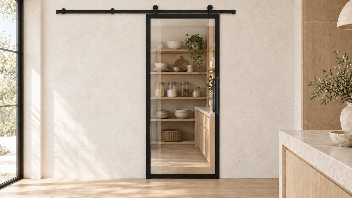 Full Lite interior steel barn door with included rectangular pull — pantry