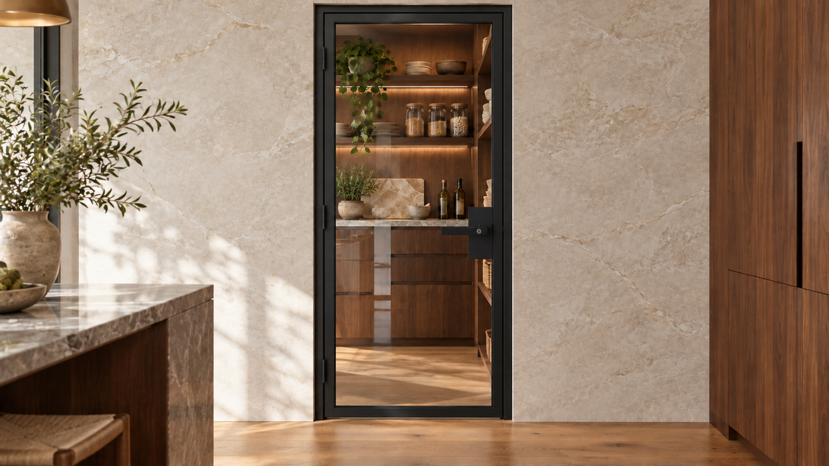 Full Lite interior steel hinged door with included keyed lever — pantry