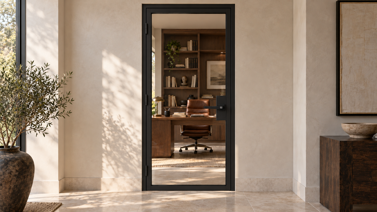 Full Lite interior steel hinged door with included keyed lever — study
