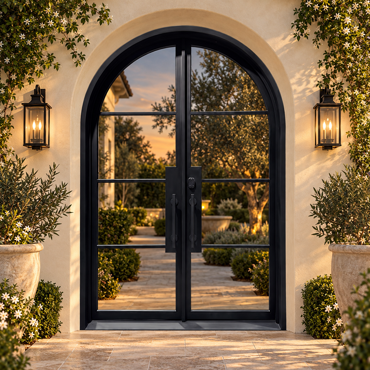Monteluce arched four-lite double iron French door in a luxury courtyard setting — design visualization