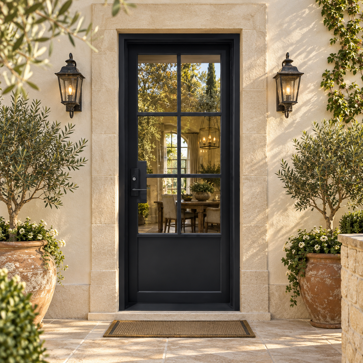 Norwick 6 Lite Single Iron French Door in a luxury courtyard setting — design visualization