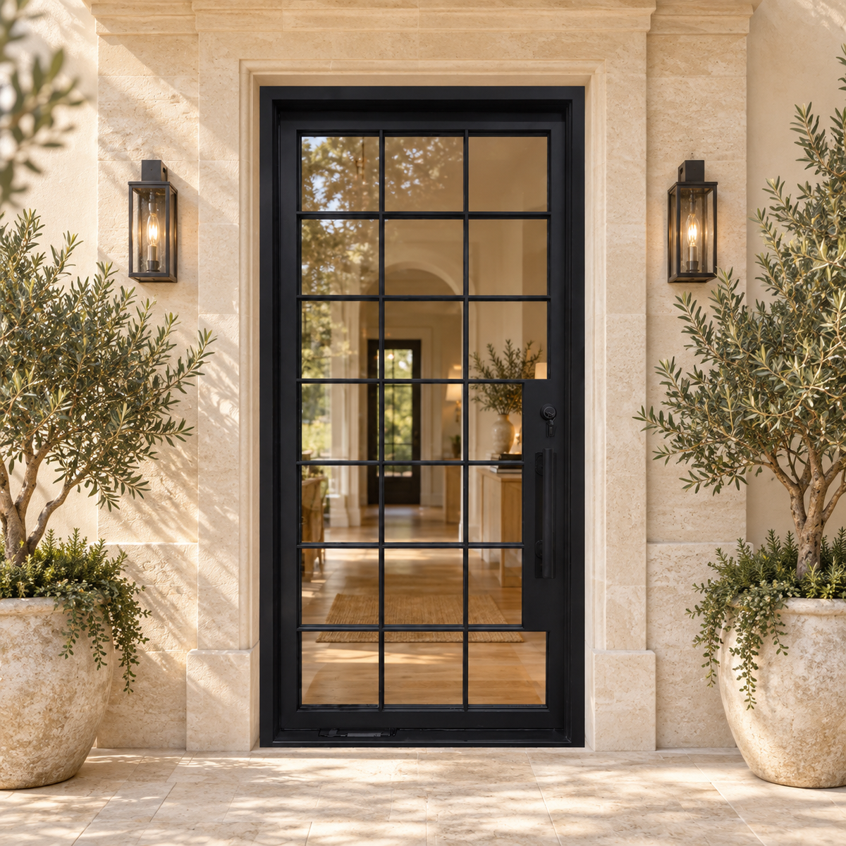 Ravelle Grid Glass Pivot Door — lifestyle visualization