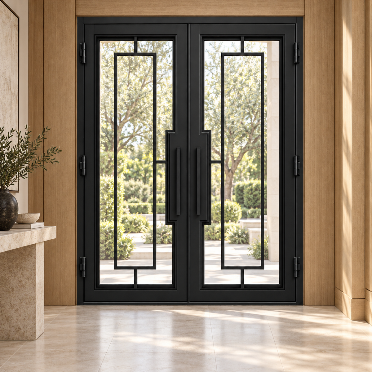 Rectilinear double iron door in a luxury foyer setting — design visualization