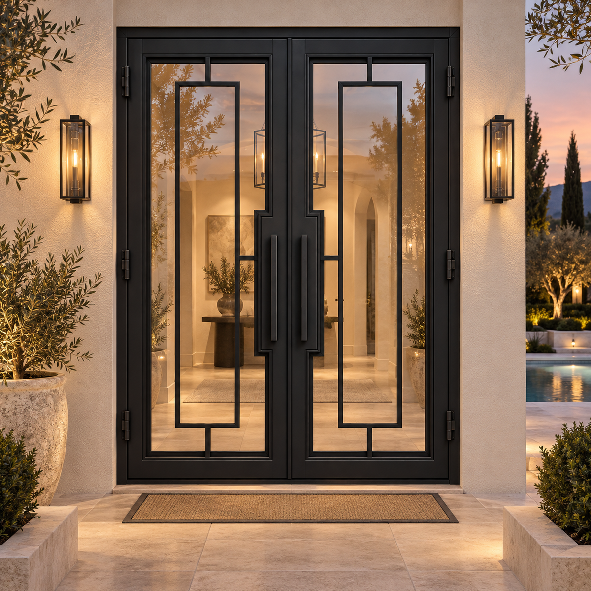 Rectilinear double iron door in a luxury patio setting — design visualization