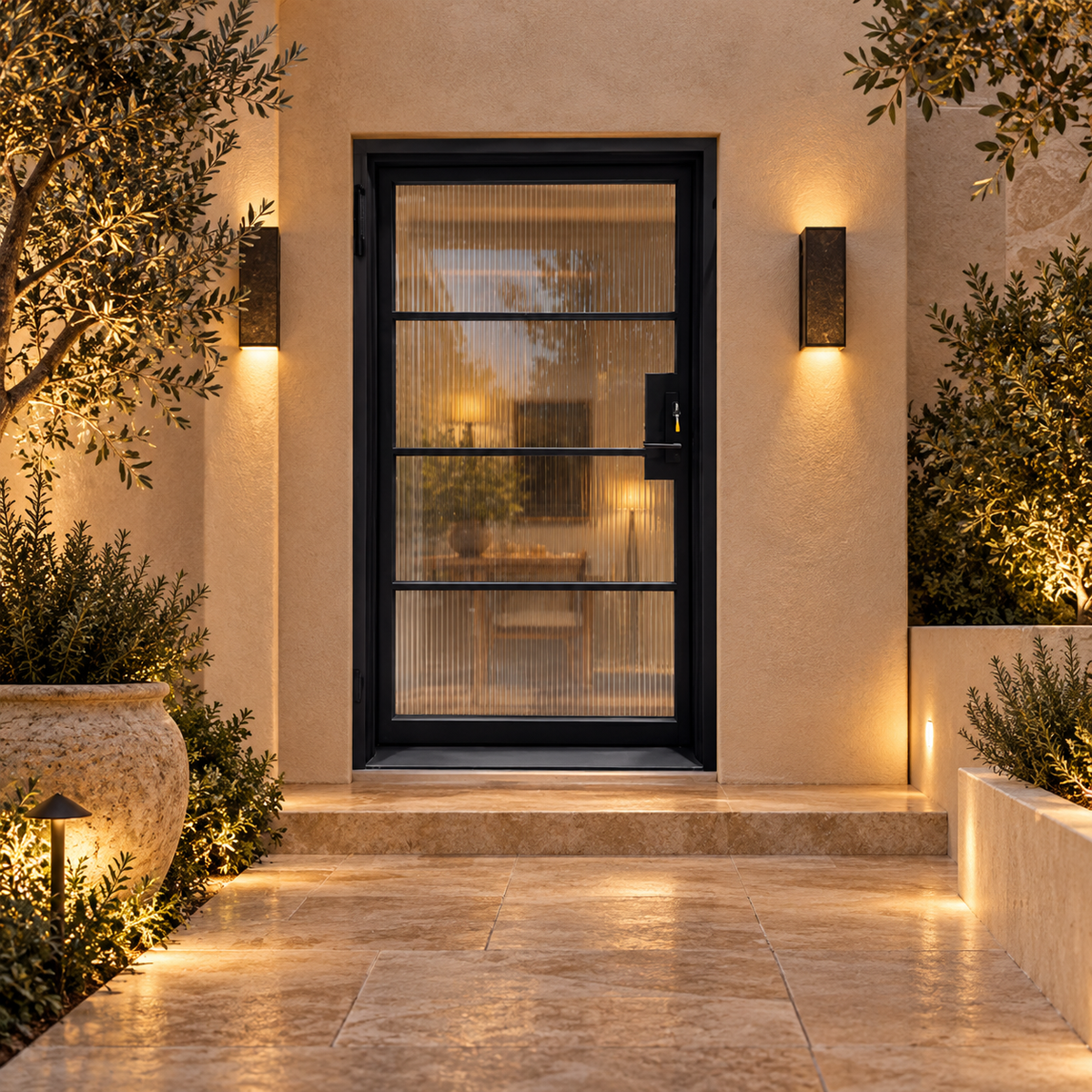 Reedhaven four-lite single iron French door in a luxury courtyard setting — design visualization