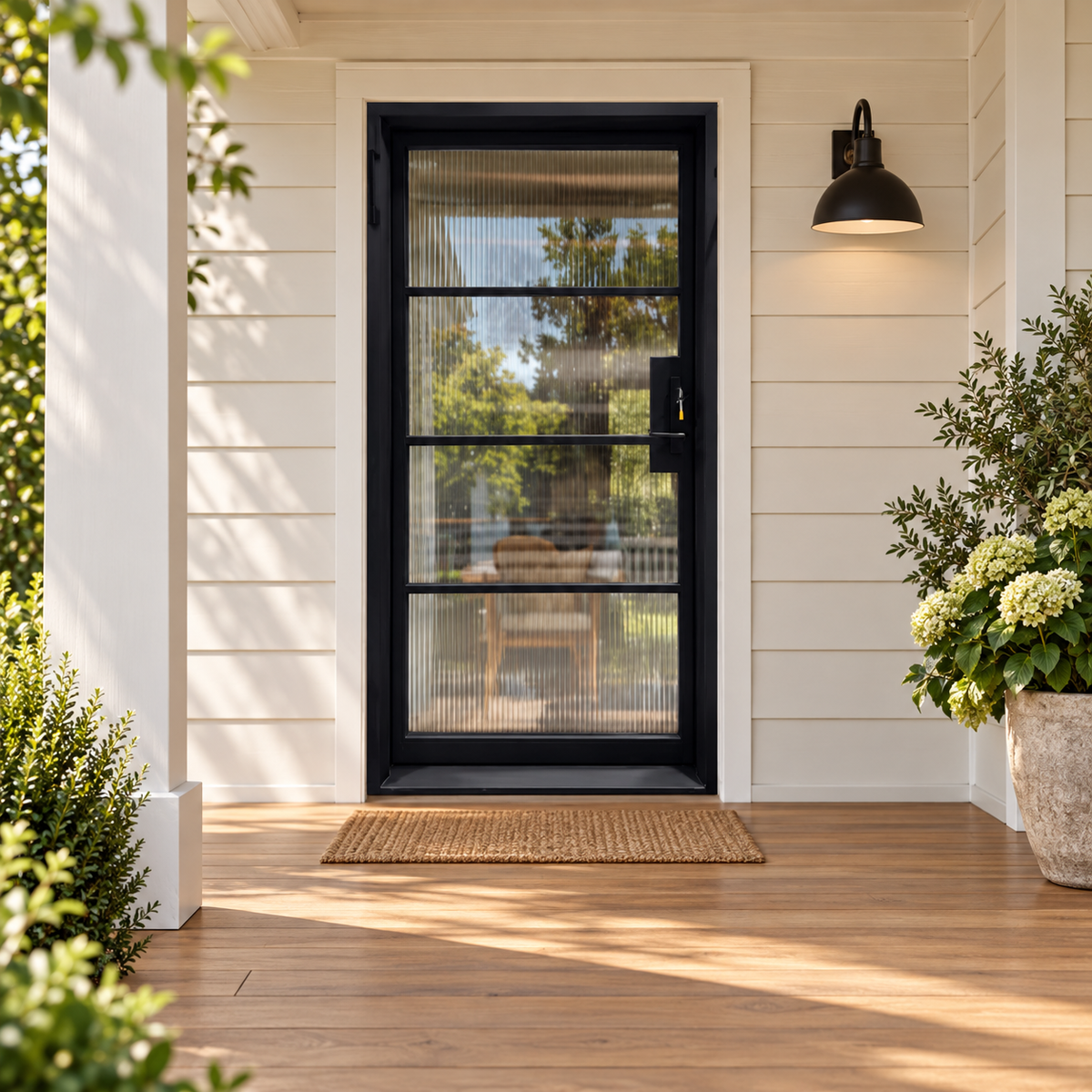 Reedhaven four-lite single iron French door in a luxury farmhouse setting — design visualization