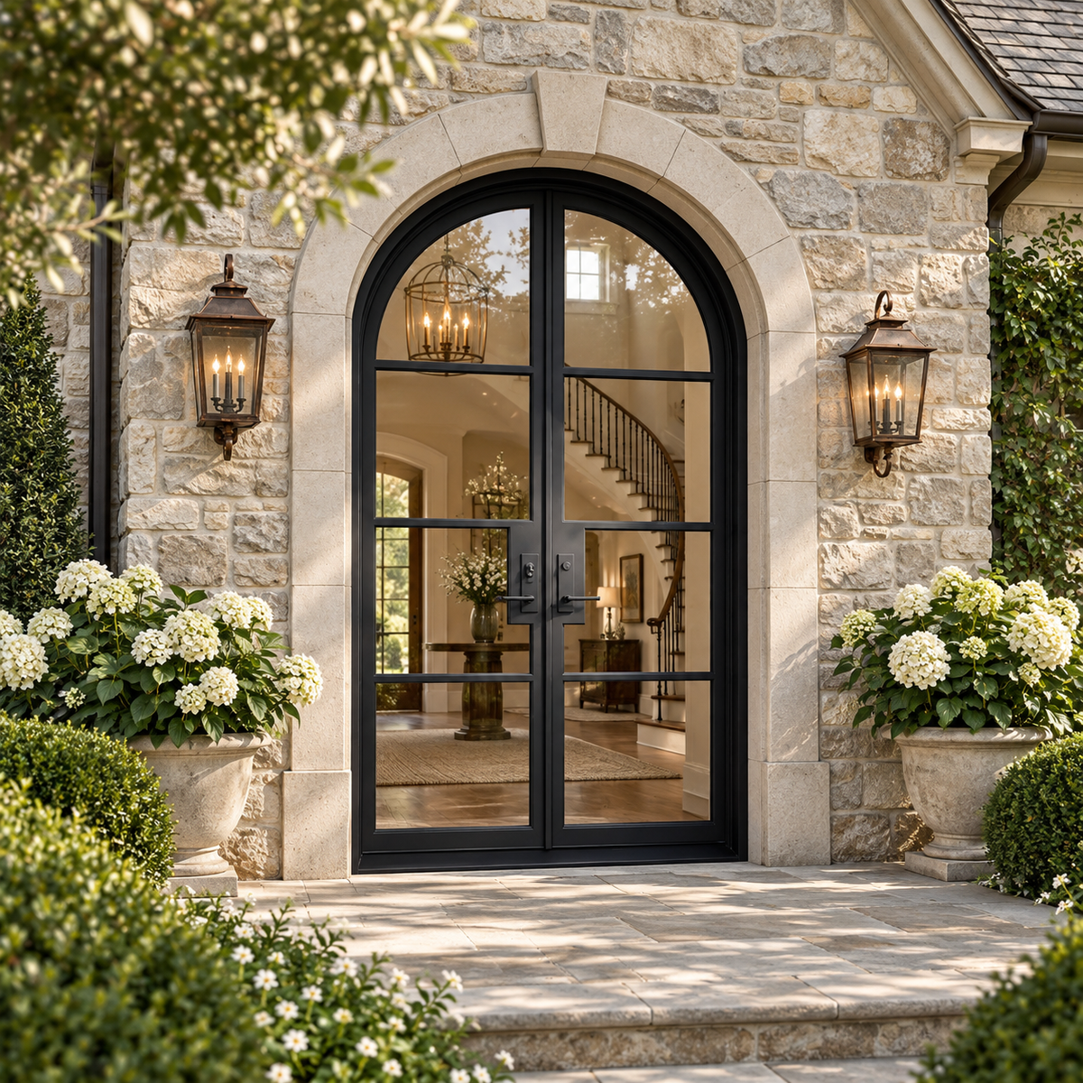 Valemont Arched Double Iron French Door in a luxury estate setting — design visualization