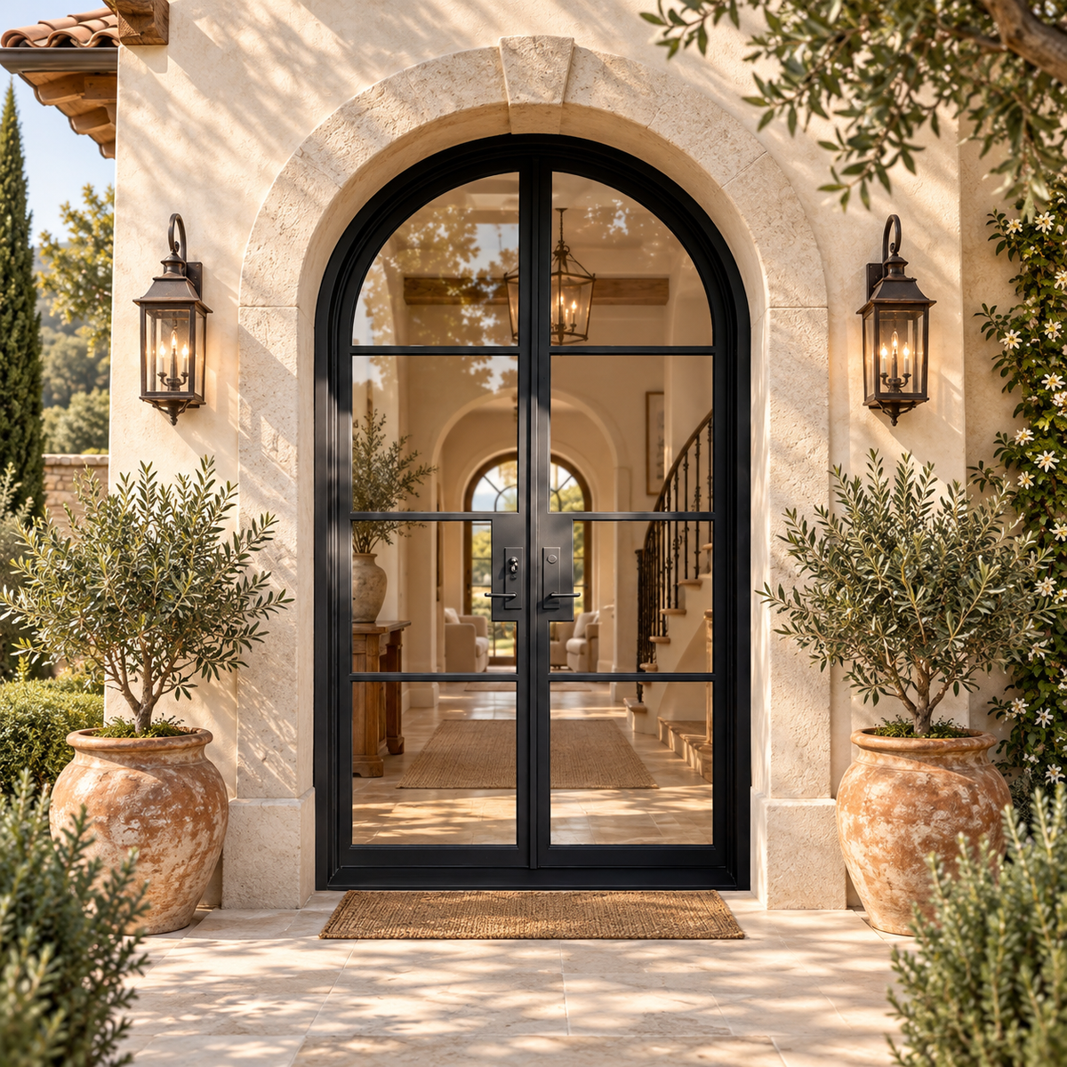 Valemont Arched Double Iron French Door in a luxury villa setting — design visualization