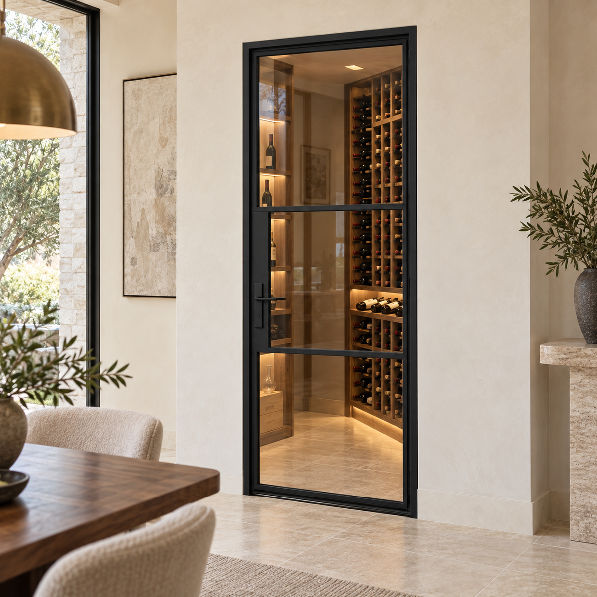 Black 3-lite steel wine cellar door beside a contemporary dining room
