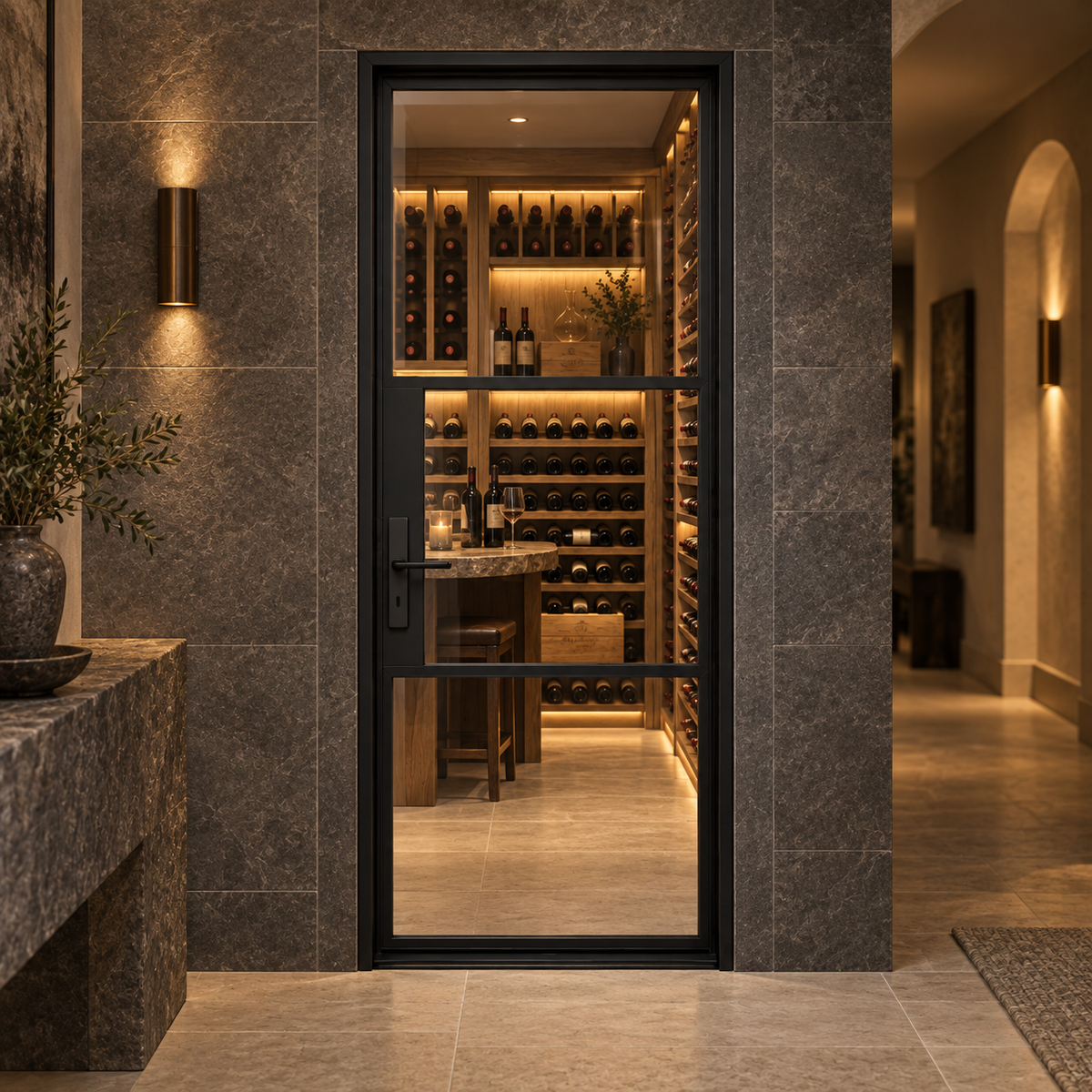 Black 3-lite steel door leading into a warmly lit stone-surrounded wine cellar