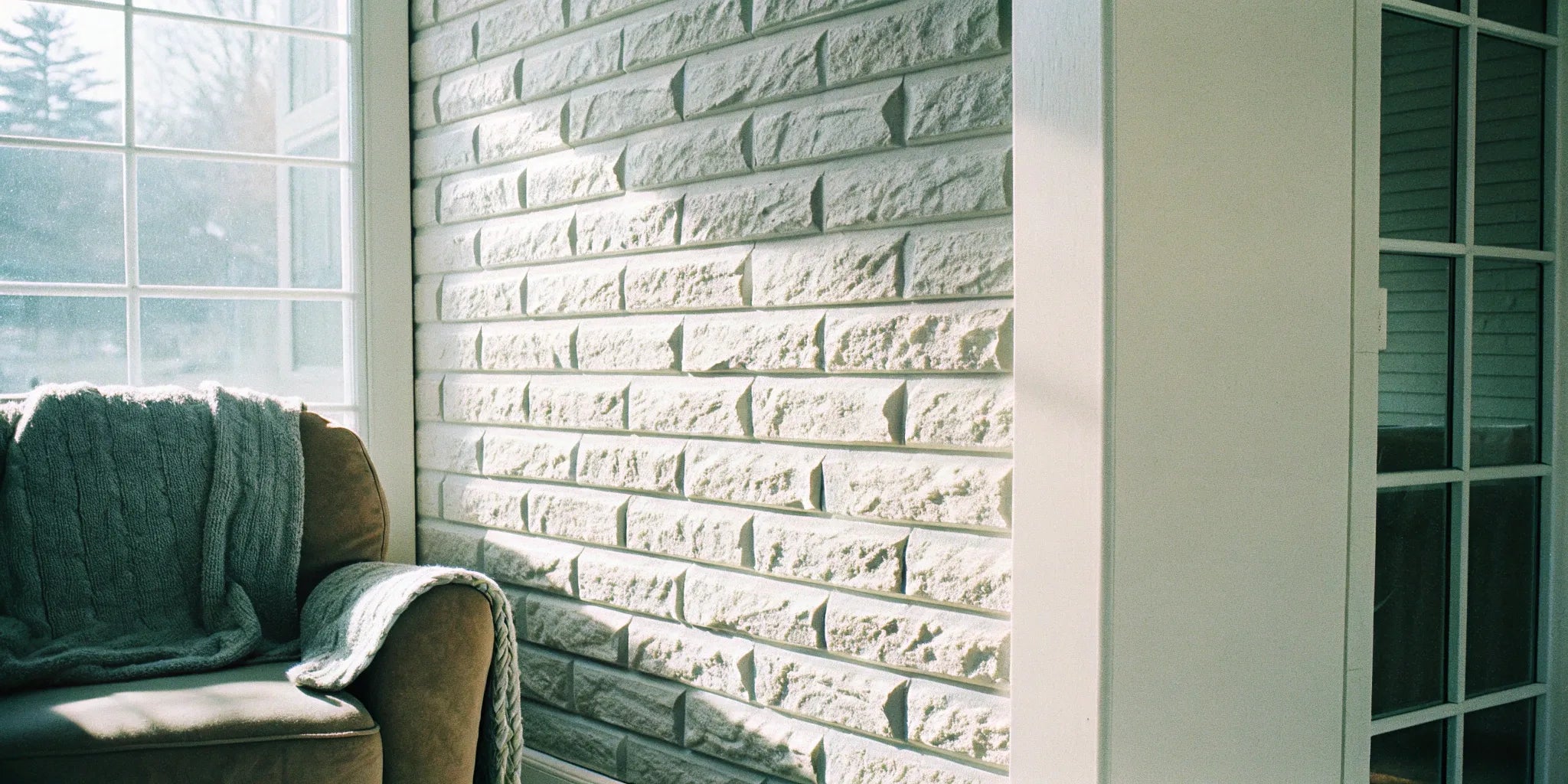 Textured 3D foam stone wall panels add depth to a room.