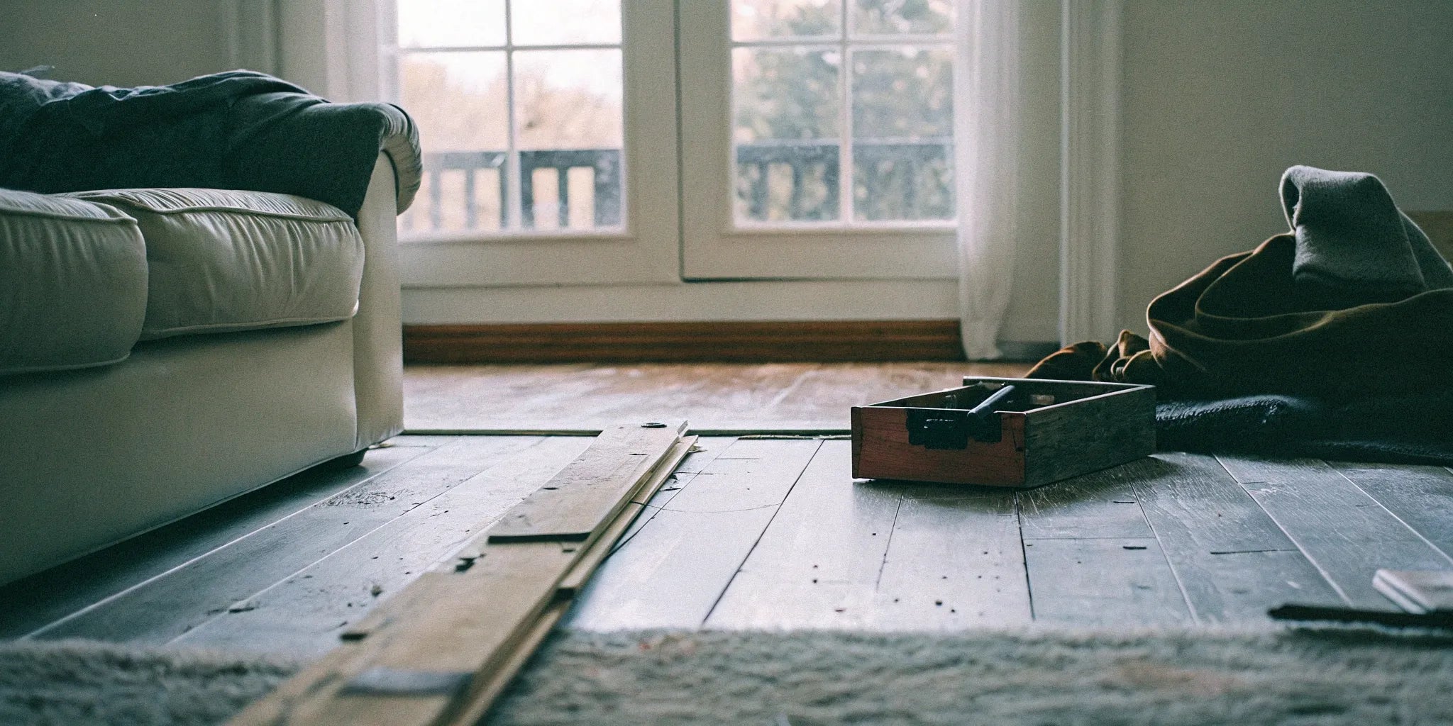 Scratched engineered wood flooring with gaps and repair tools, showing common disadvantages.