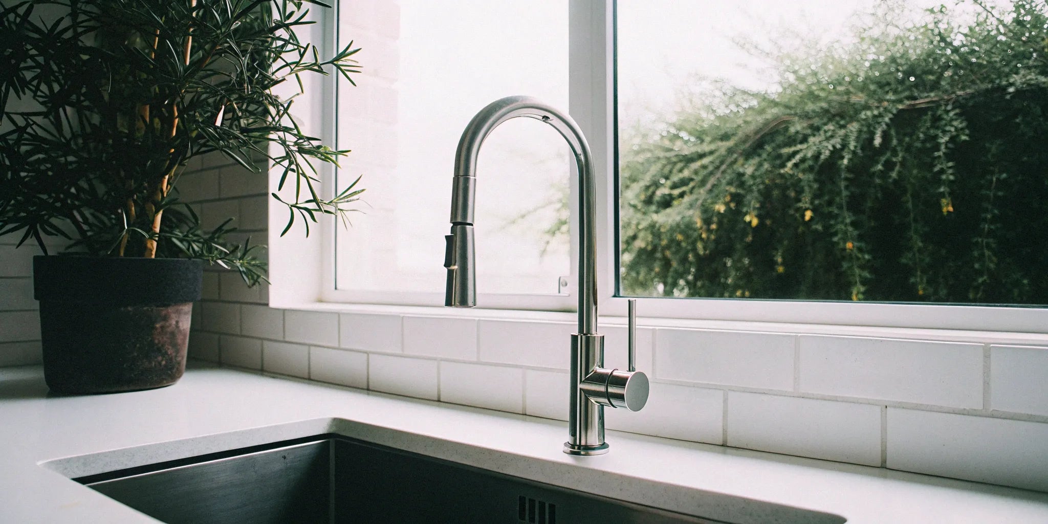 Modern pull-down kitchen faucet on a white countertop.