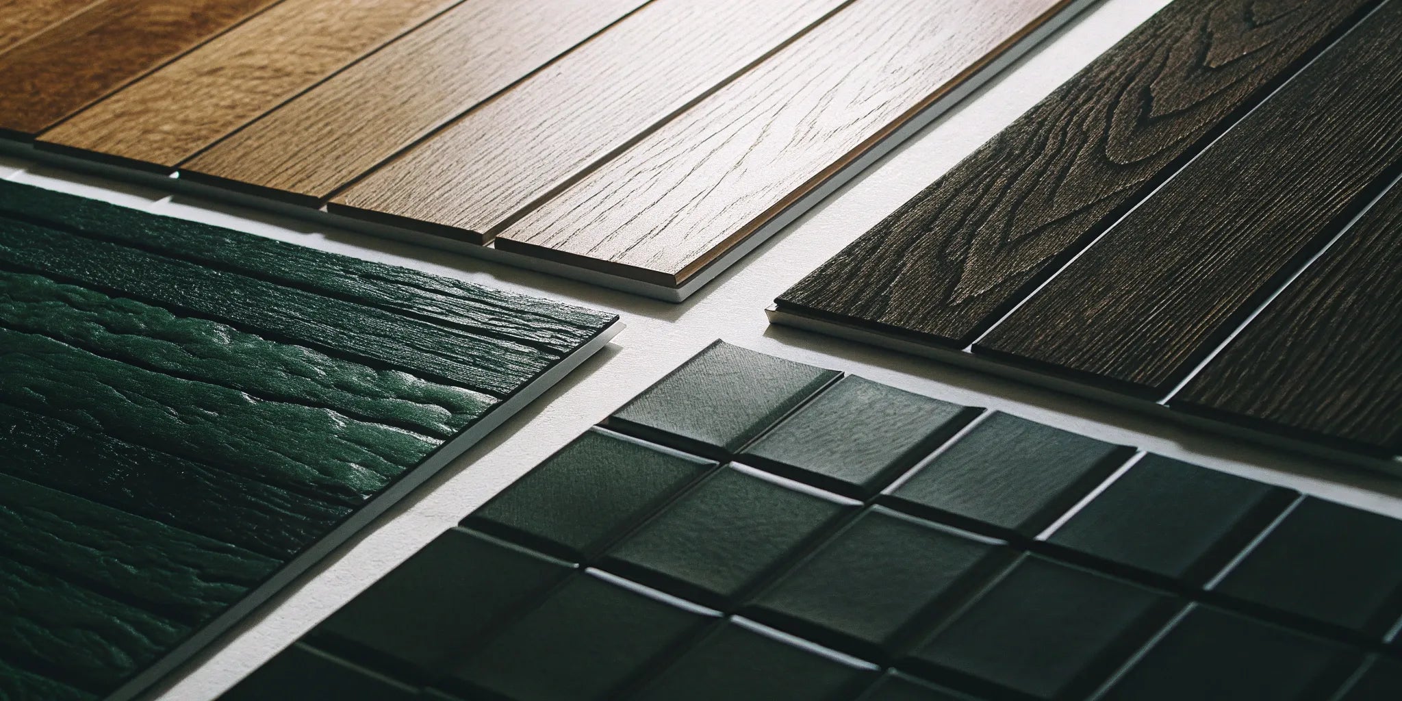 A variety of exterior wall siding panels in different materials, colors, and textures.