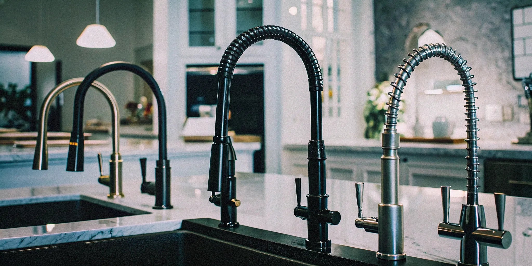 A variety of unique kitchen faucets in modern styles and premium finishes.