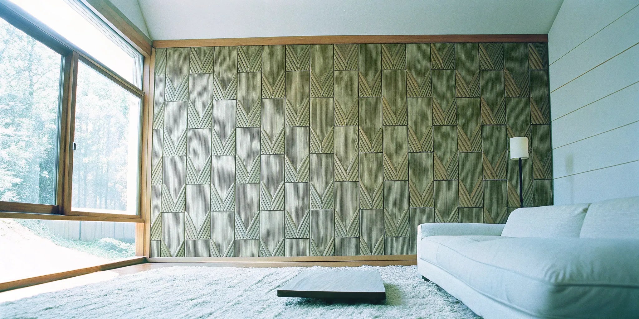 Acoustic slat wall panels create a modern living room.
