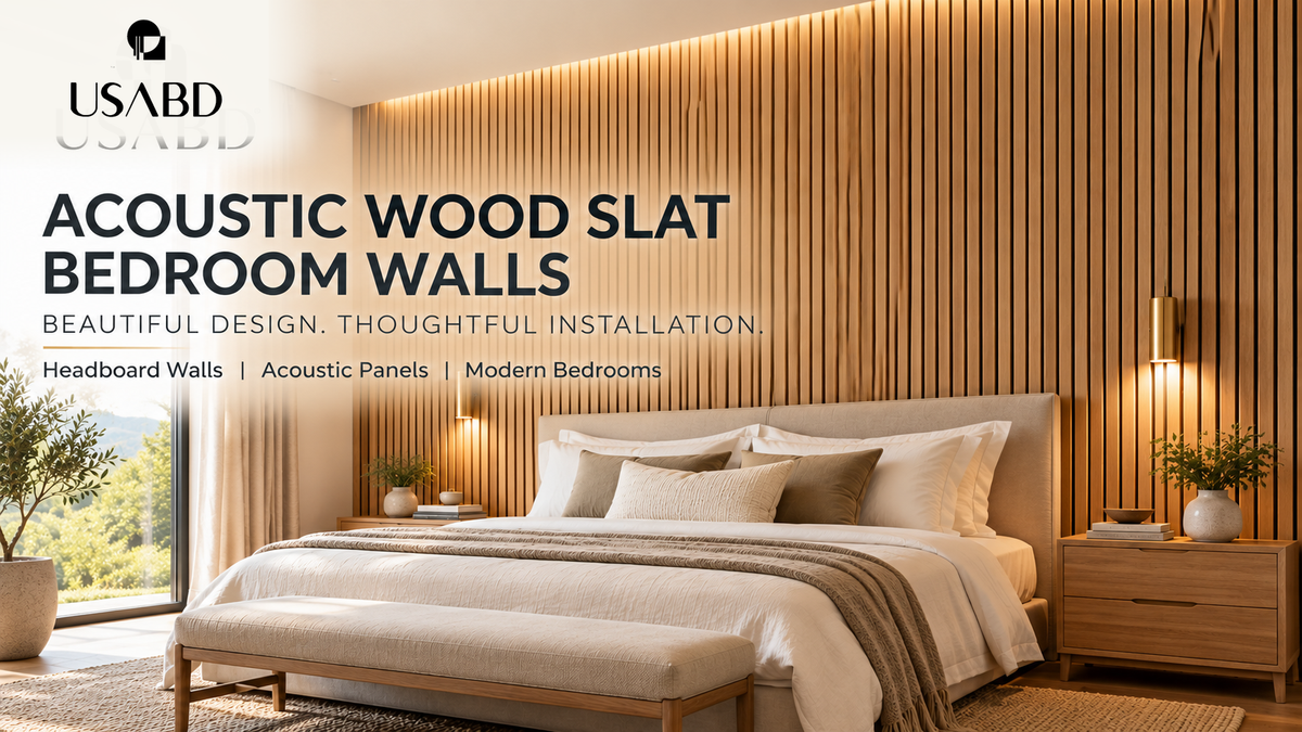 Contemporary bedroom with full-height oak acoustic slat panels behind upholstered bed