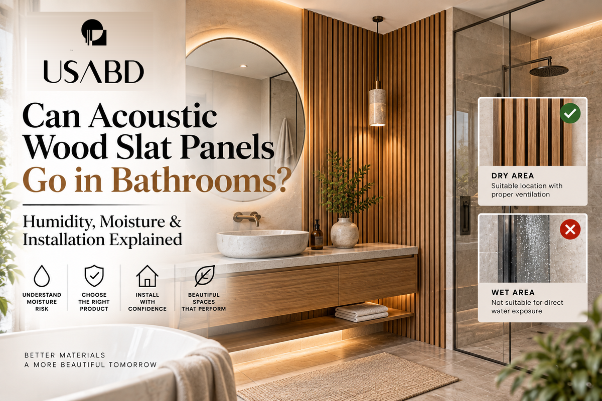 USA Builders Depot acoustic wood slat panels in bathrooms moisture guide, featuring approved logo