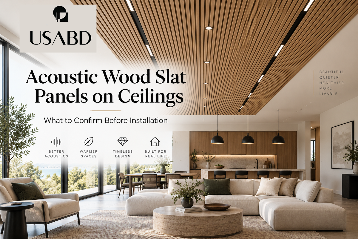 Acoustic wood slat panels installed on a modern ceiling with USABD branding
