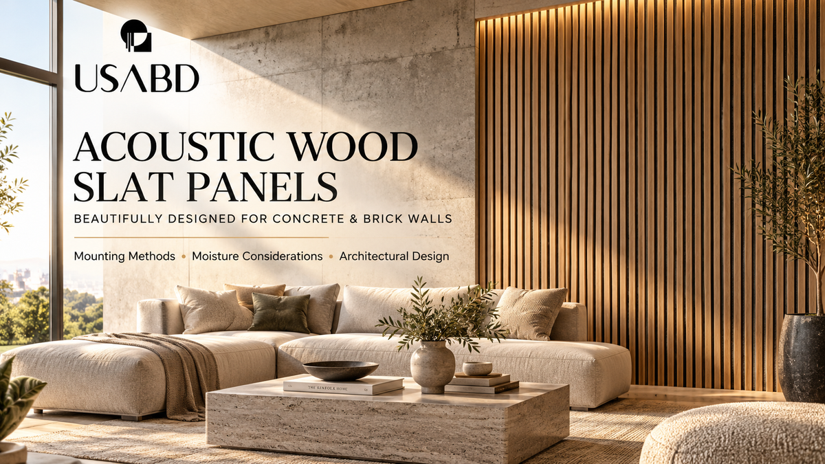 Raw white oak acoustic wood slat wall panels complementing an architectural concrete wall in a modern living room
