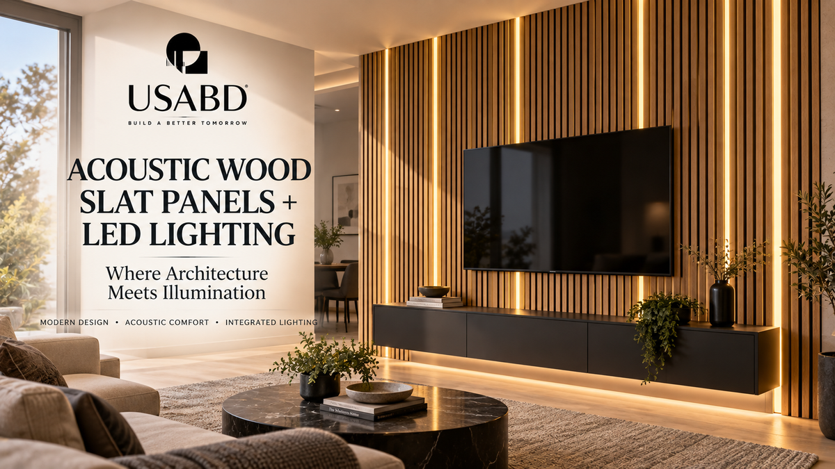 USA Builders Depot illuminated acoustic wood slat media wall with warm LED lighting