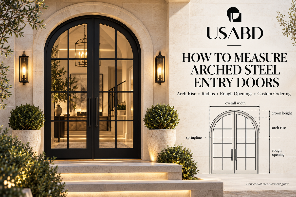 USA Builders Depot black arched double steel entry door with conceptual arch measurement graphic