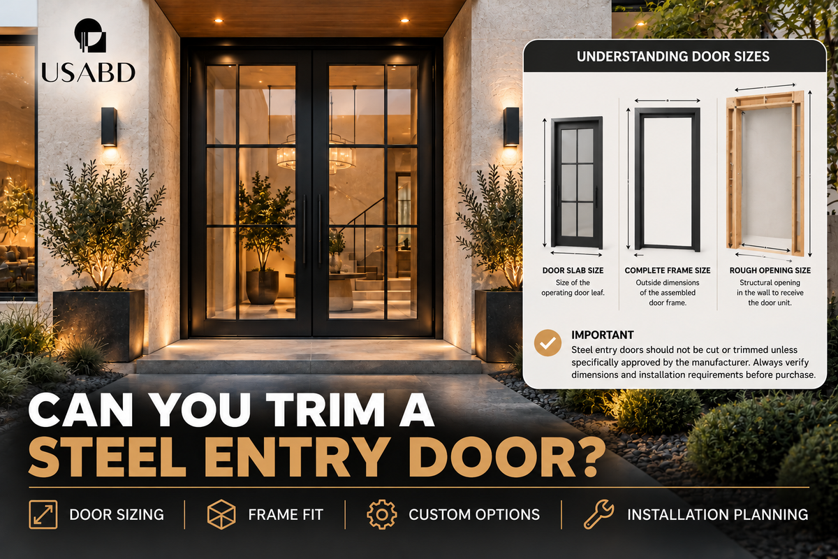 Black steel double entry door with conceptual slab, frame and rough opening sizing diagram
