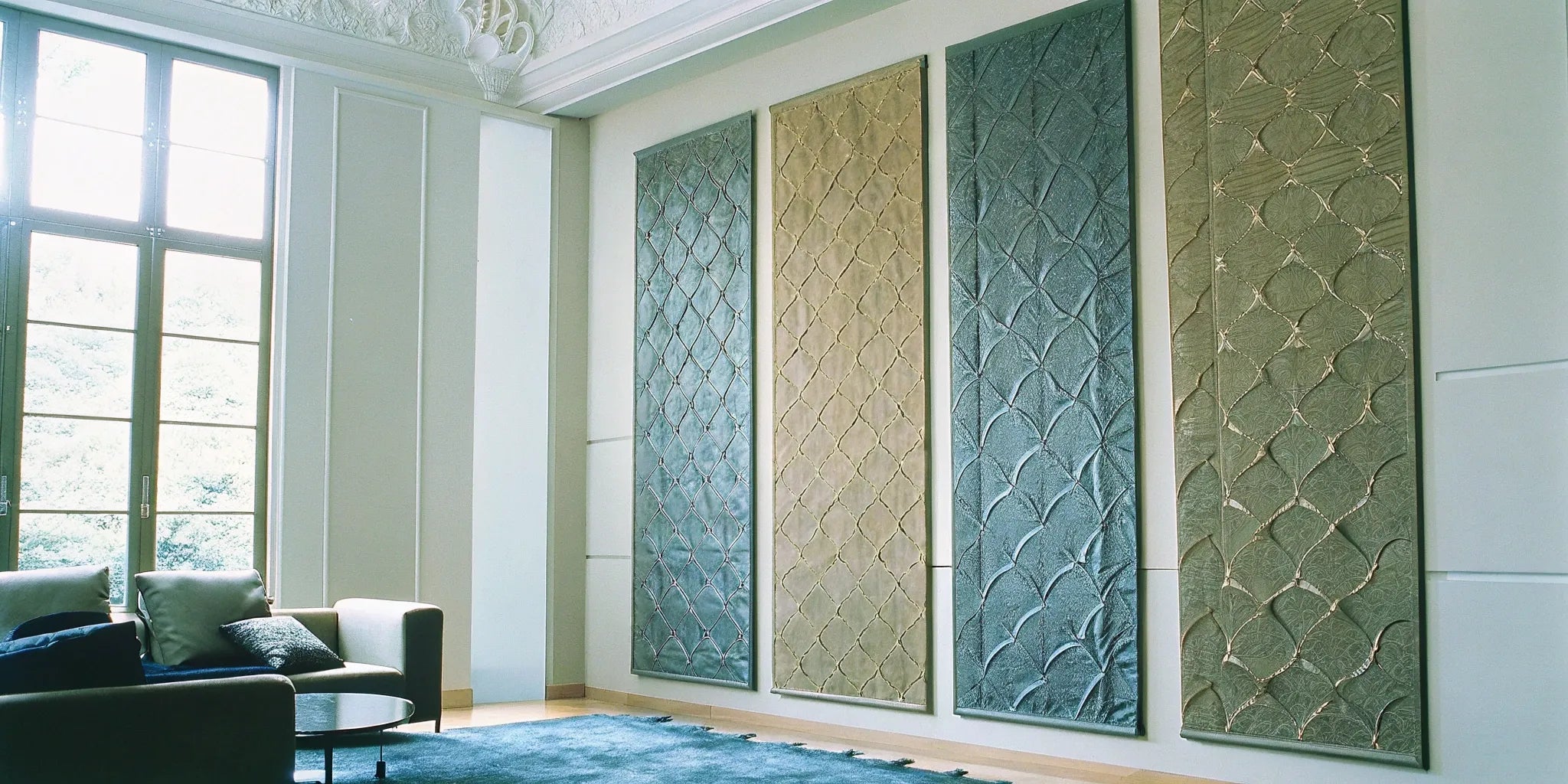 Decorative acoustic wall panels enhance sound control and style.