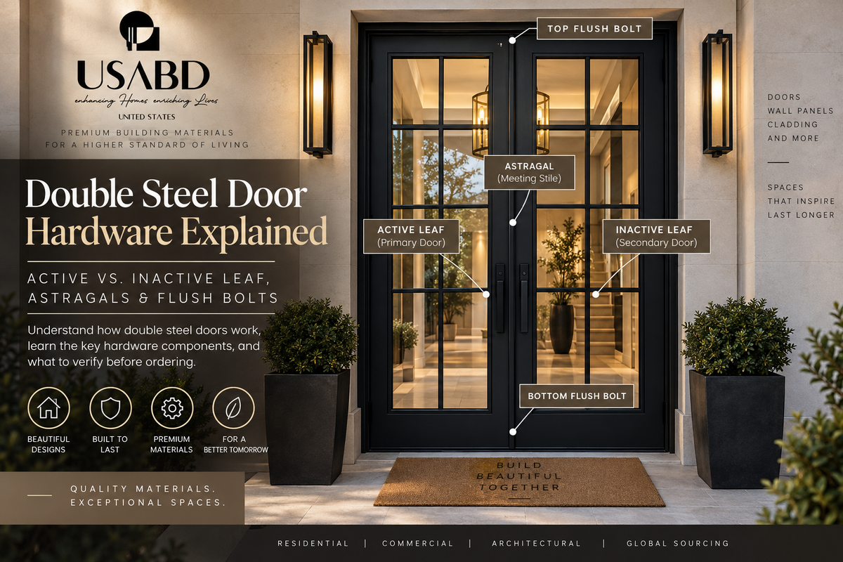 USA Builders Depot double steel door hardware guide showing active leaf, inactive leaf, astragal and flush bolts