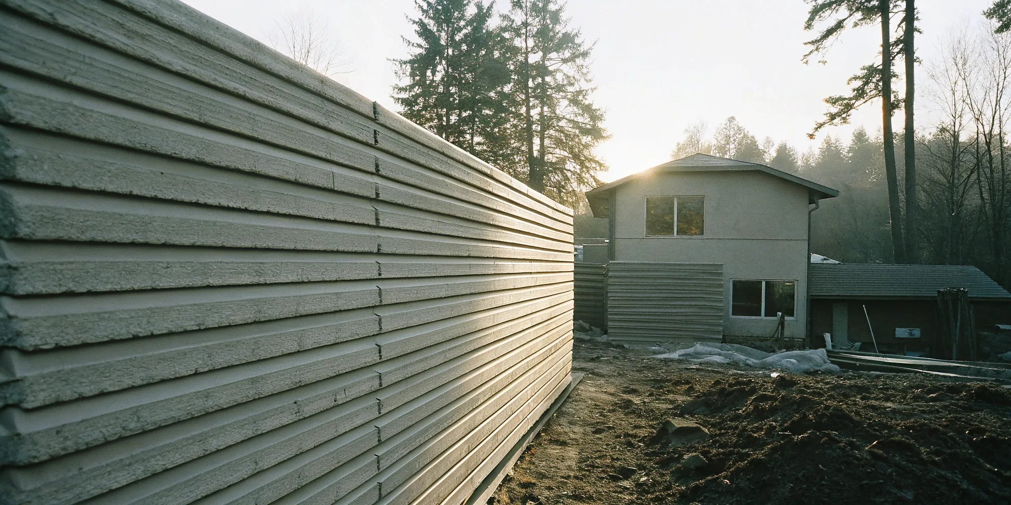 Exterior fluted panels on a modern house, a siding choice that impacts the final price.