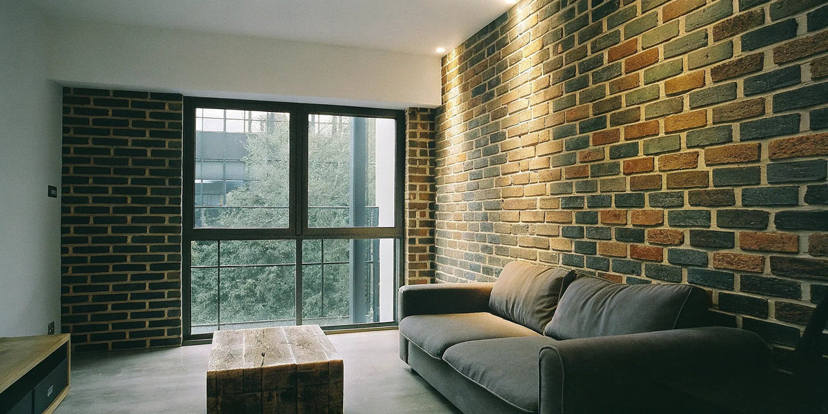 Modern living room interior with a faux brick wall panel accent wall behind a gray sofa.