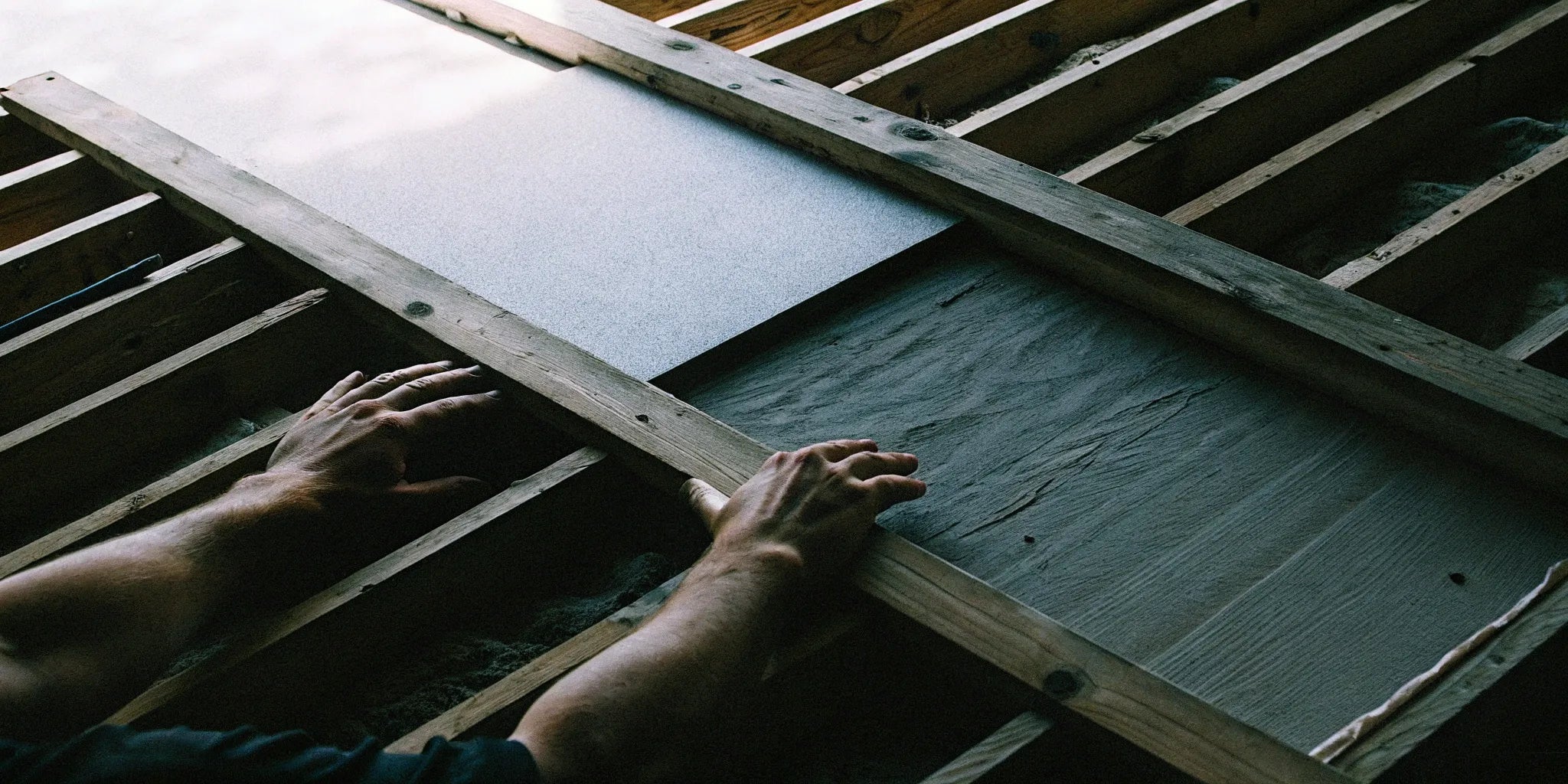 A contractor fastens fire-resistant cement boards to a wooden wall frame.