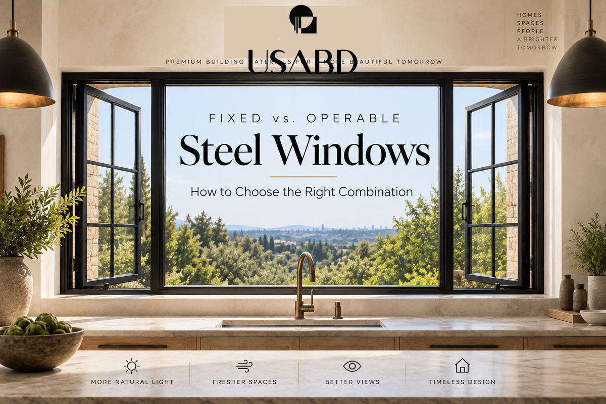 Fixed vs. operable steel windows in a modern kitchen with USABD branding