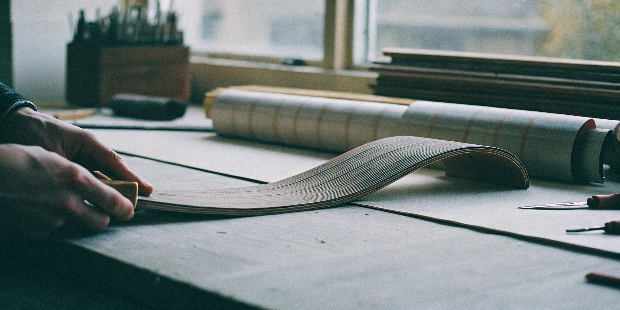 Flexible wood panel being bent into a curve.