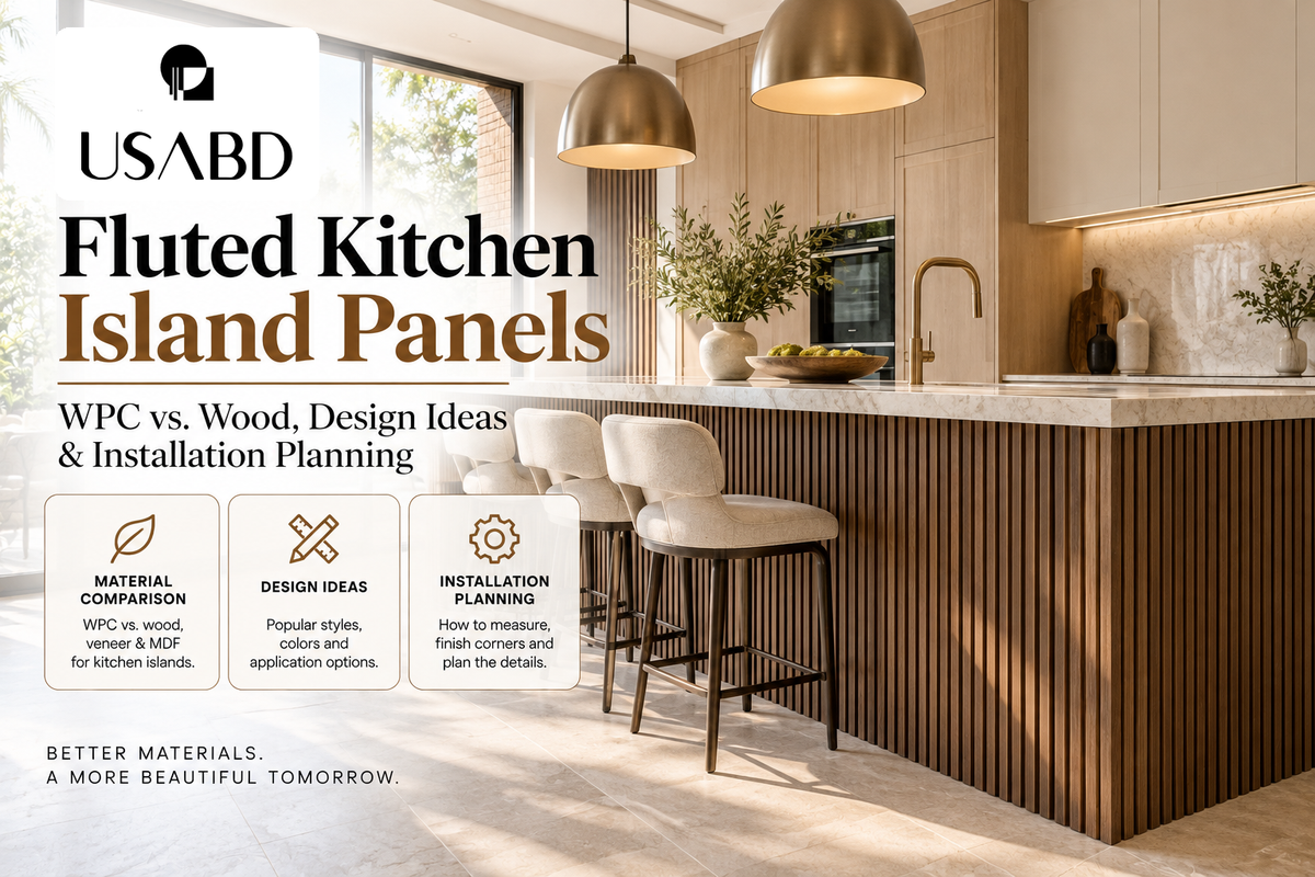 Fluted kitchen island with natural stone countertop and officially approved USABD logo