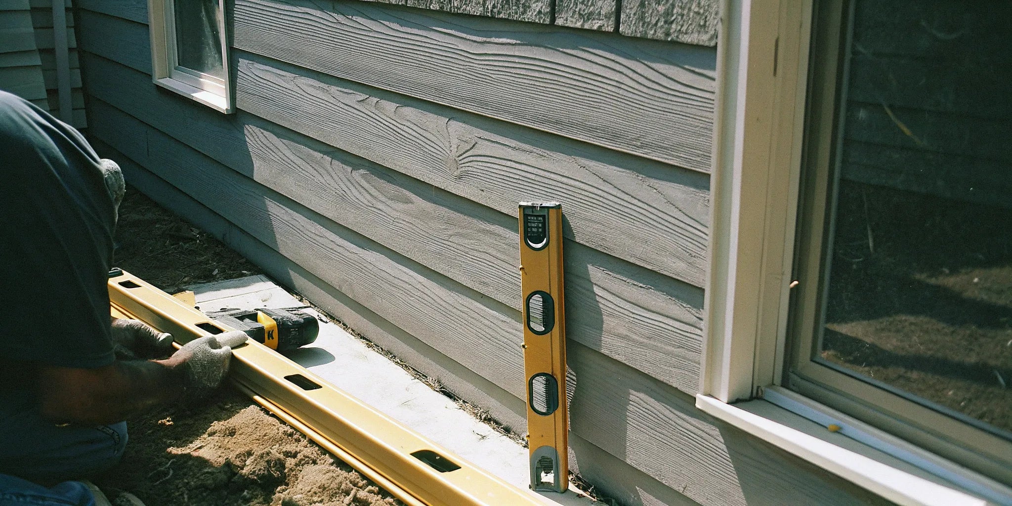 Worker ensures precise alignment during fiber cement siding panel installation.