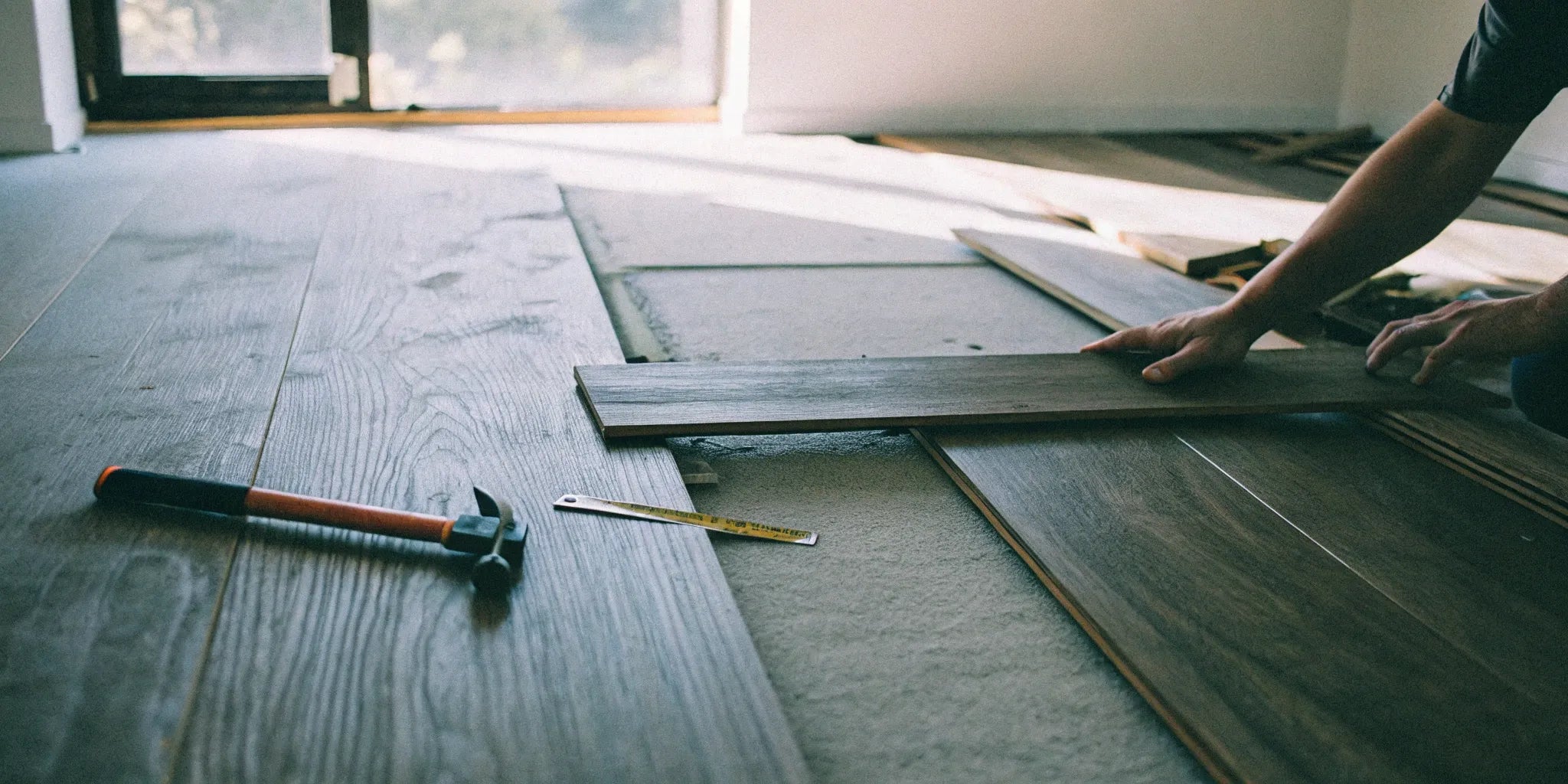 Installing engineered hardwood flooring planks on subfloor.