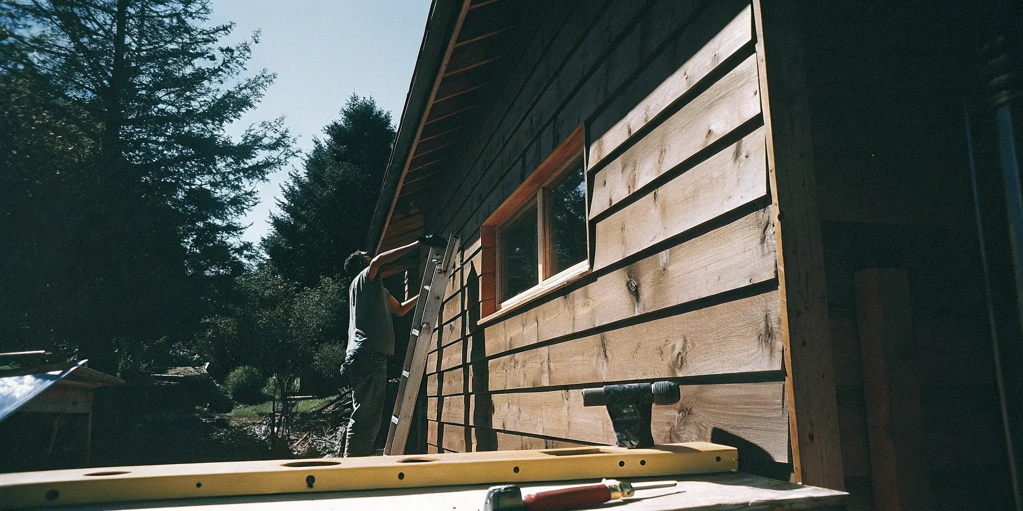 Installing new exterior shiplap siding on a residential house.