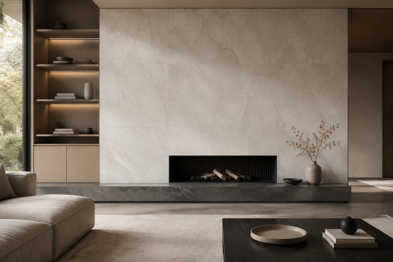 Large-format stone-look porcelain slab wall in a refined modern living room