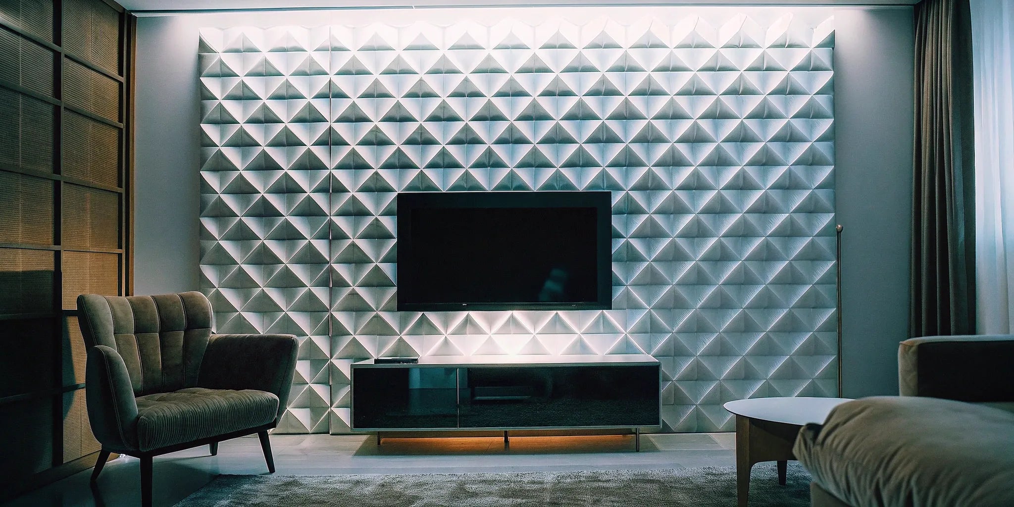 Modern 3D wall panels add depth and texture to a room.