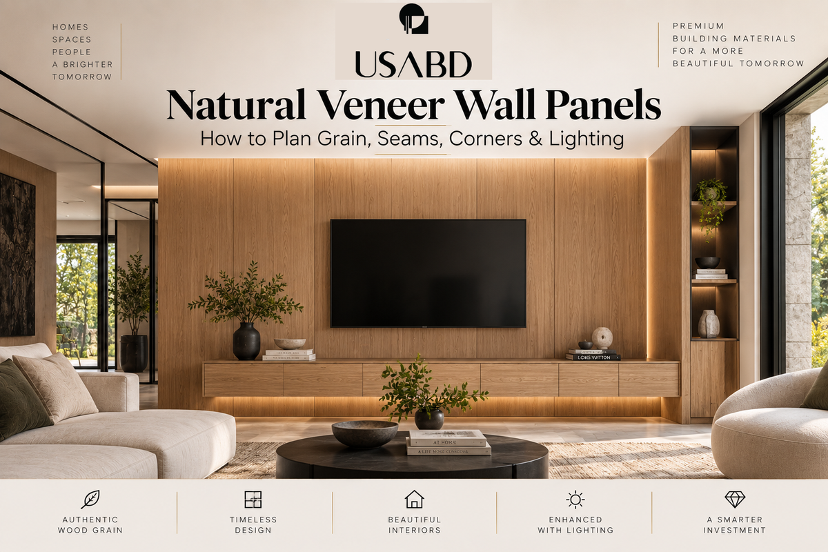 Natural veneer wall panels in a modern living room with approved USABD branding
