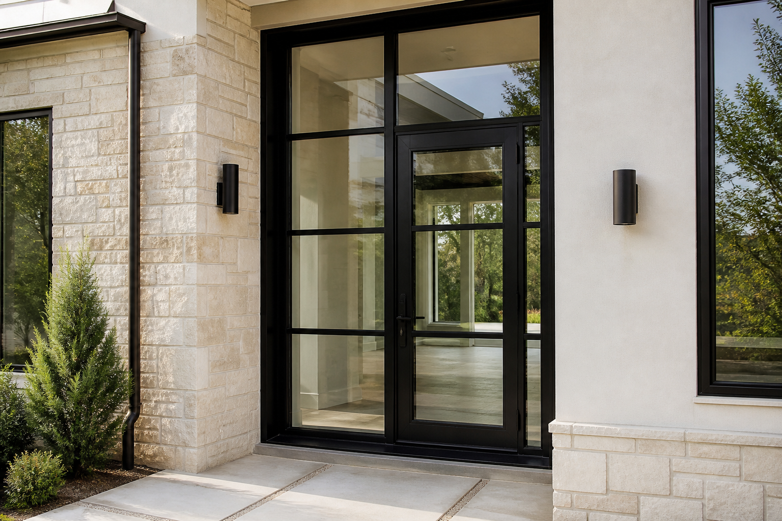 Black steel-and-glass entry door installed in a modern new-construction home