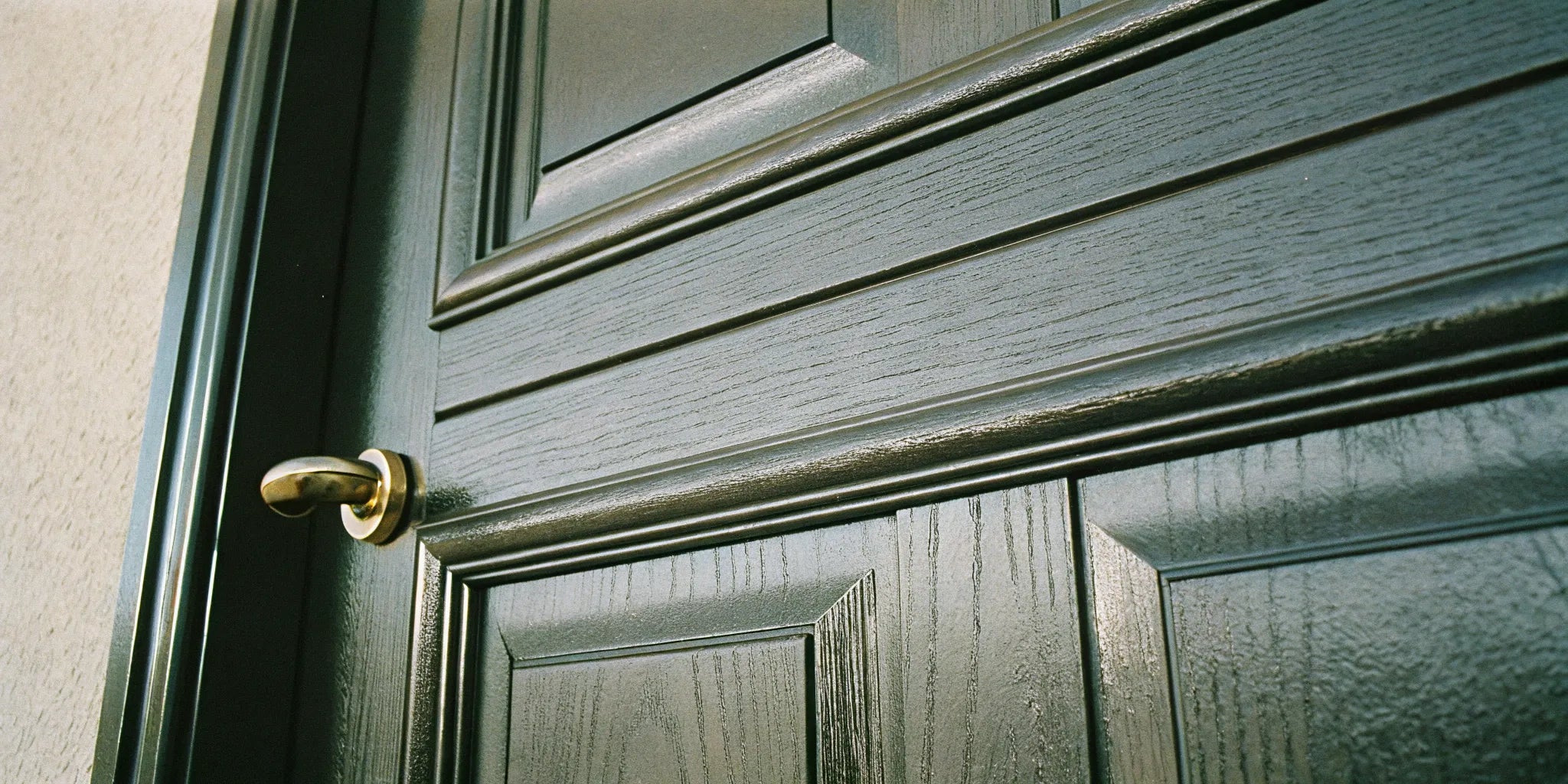 Secure steel entry door with brass handle.