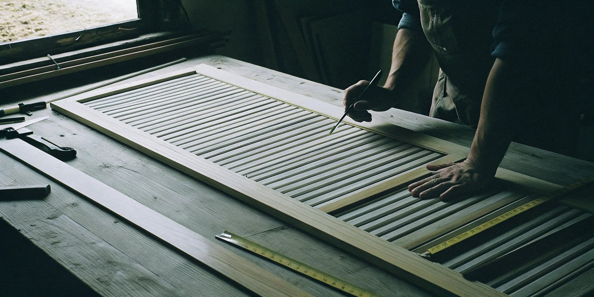 Craftsman measuring and marking a custom made louvered door on a workbench.