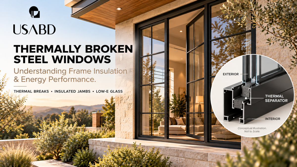 Black steel casement windows with conceptual illustration of a thermal separator at a luxury contemporary home