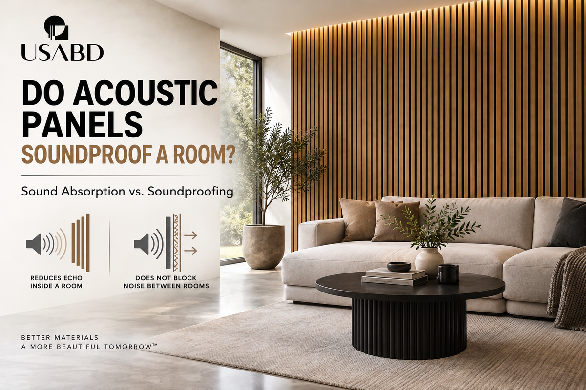 USA Builders Depot acoustic wood slat panel living room hero image