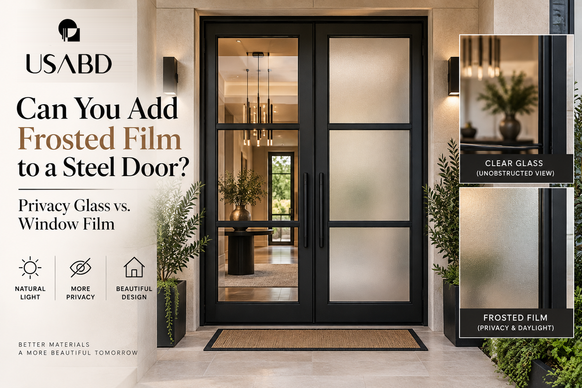 Approved USA Builders Depot logo hero image showing clear glass vs frosted privacy film on steel doors