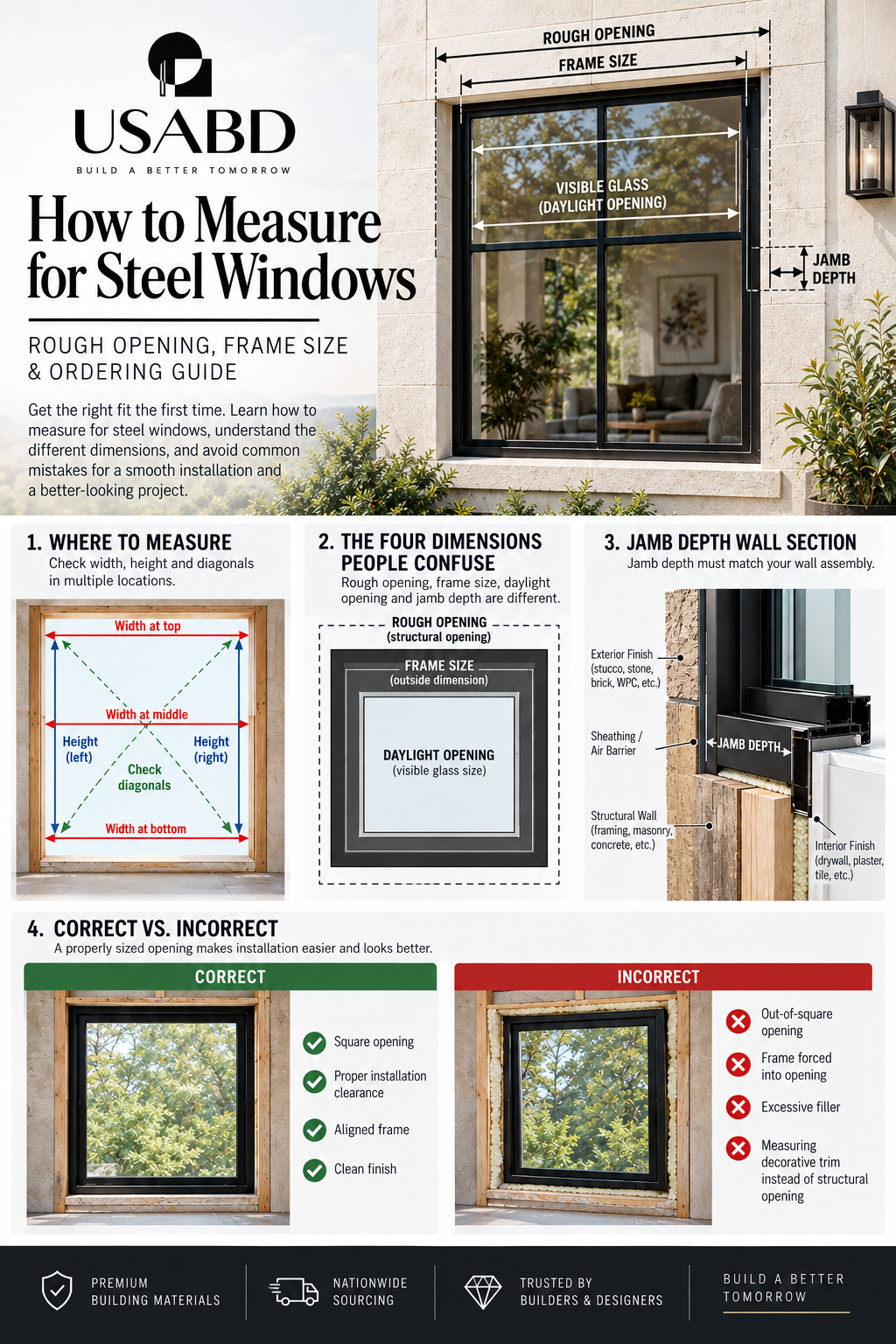 USA Builders Depot guide showing how to measure steel windows, including rough opening, frame size, visible glass, jamb depth, and correct installation checks.